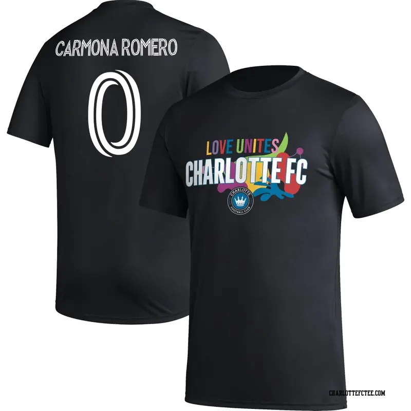 Men's Charlotte FC ＃0 Brian Carmona Romero Black Name & Number Love Unites T-Shirt