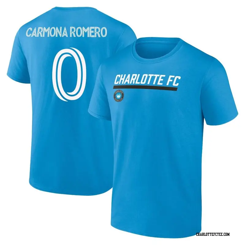 Men's Charlotte FC ＃0 Brian Carmona Romero Blue Name & Number Stacked Slant T-Shirt