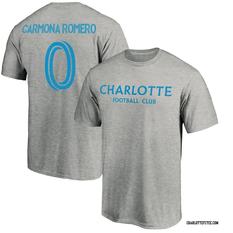 Men's Charlotte FC ＃0 Brian Carmona Romero Gray Name & Number Wordmark T-Shirt