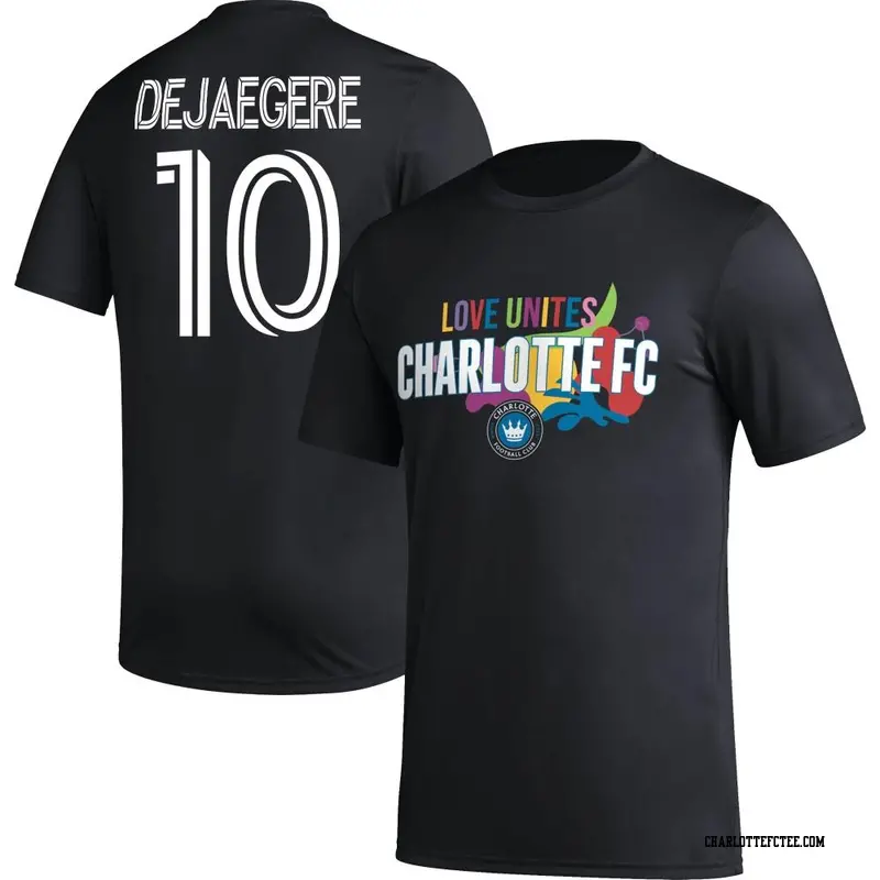 Men's Charlotte FC ＃10 Brecht Dejaegere Black Name & Number Love Unites T-Shirt