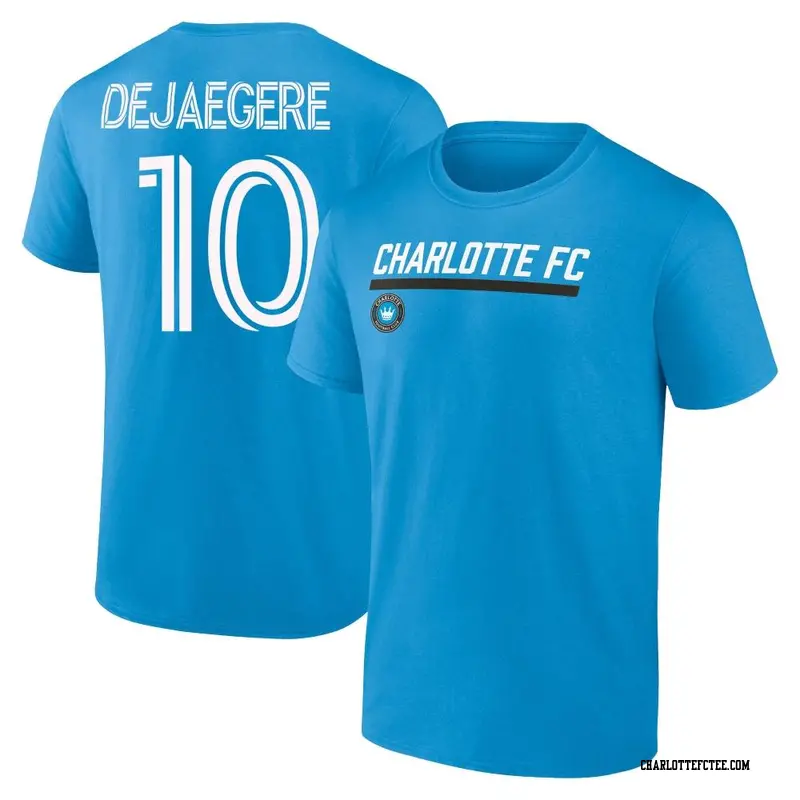 Men's Charlotte FC ＃10 Brecht Dejaegere Blue Name & Number Stacked Slant T-Shirt